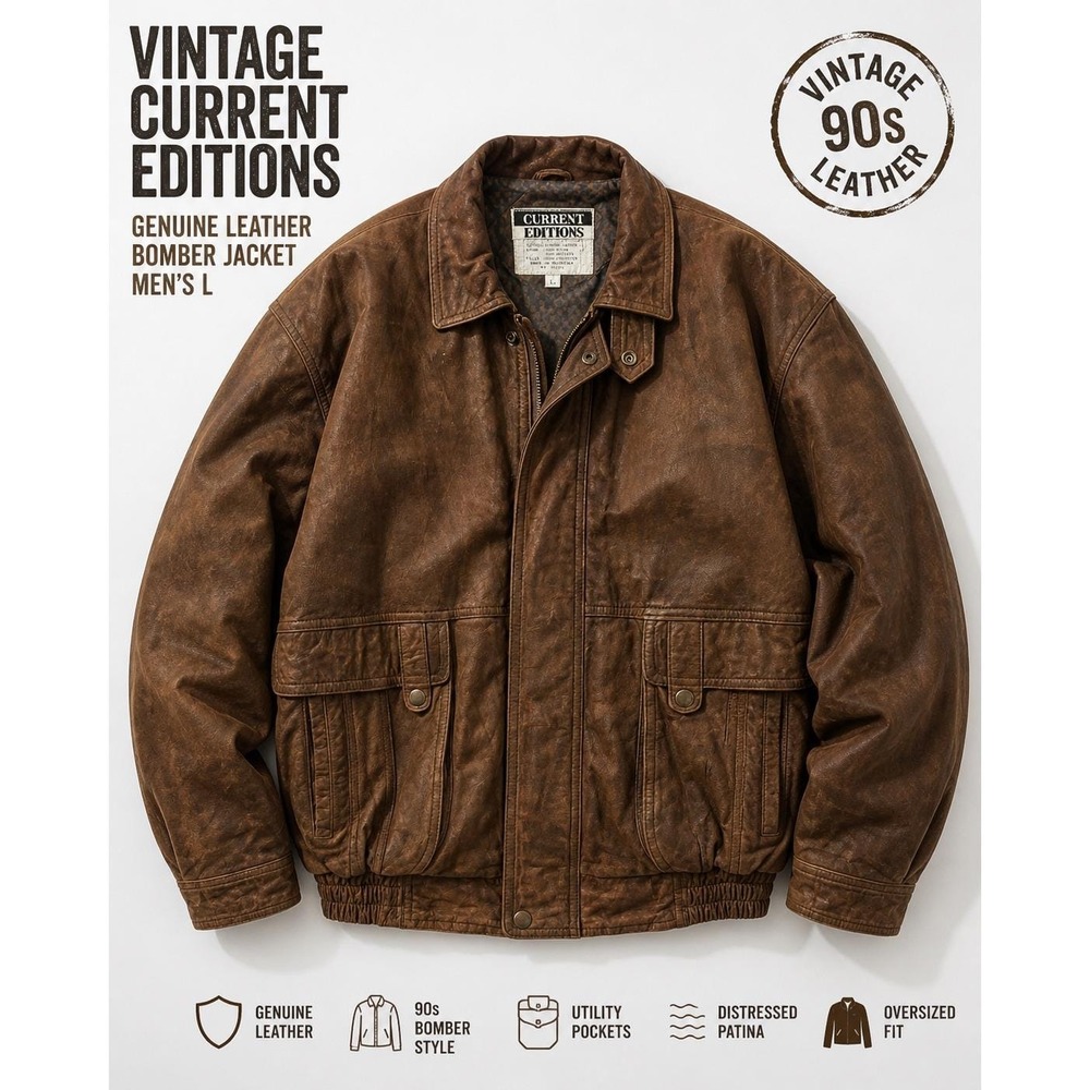 Vintage Current Editions Brown Leather Bomber Jacket Mens L Distressed Heavy - Picture 2 of 7